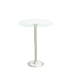 3D illustration of a tall modern round glass table with sleek white stand, suitable for bar, café, or minimal interior settings.