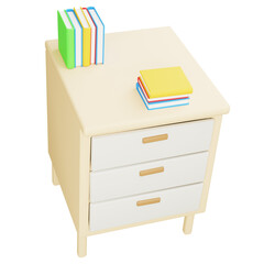 3D illustration of a small wooden drawer table with colorful stacked books, ideal for study room, office, or learning environment.

