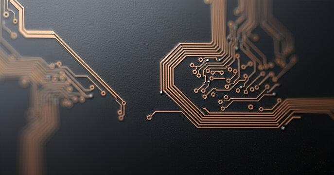 Close-up of a circuit board with copper traces on a dark background, showcasing minimalist PCB aesthetics often seen in custom circuits and compact computing boards