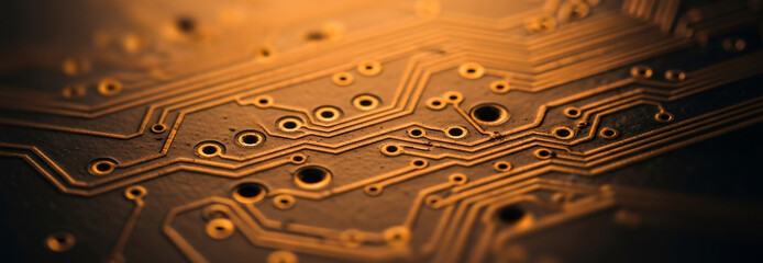 Close-up of a circuit board with intricate patterns and warm lighting, creating an inviting tech visual often used in branding for AI devices and futuristic interfaces