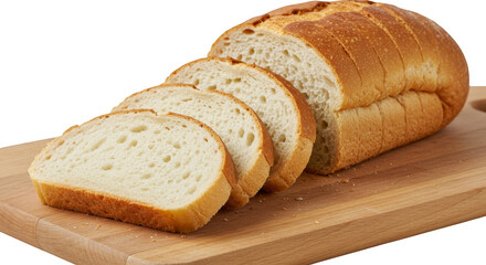Isolated Sliced Bread Loaf on Wooden Board with Freshly Baked Crust