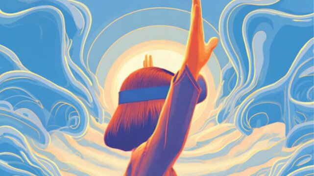 Immersive VR Experience: Woman Exploring Virtual Reality with Abstract Background, Seamless Video