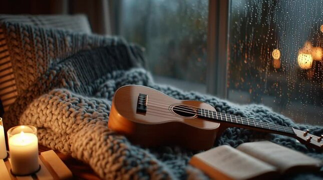 Cozy ukulele on blanket near rainy window, serene