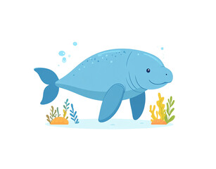 Naklejka premium Cartoon Manatee Swimming Underwater with Seaweed and Bubbles Illustration.