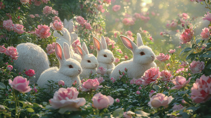 A group of white furry rabbits gathered in a lush yard full of blooming pink roses.