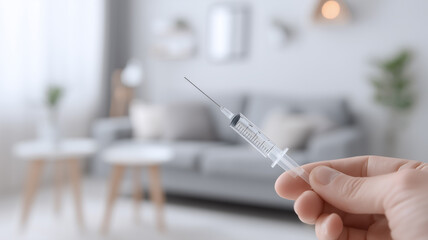 A Safe At Home Medical Injection concept portrayed by a hand holding a sterile syringe in a bright living room.