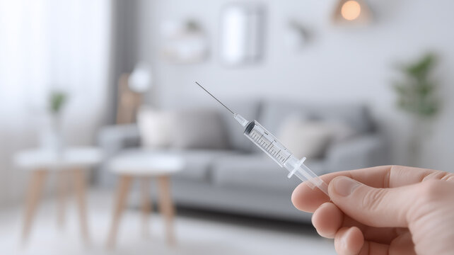 A Safe At Home Medical Injection concept portrayed by a hand holding a sterile syringe in a bright living room.
- Powered by Adobe