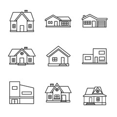 Set of black line house icons in different styles. Minimalist outline vector of various home designs including modern, traditional, and suburban architecture