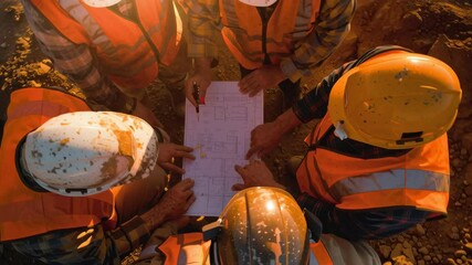 drone shot of a group of engineers conducting a site meeting on a large construction project, wearing safety helmets and reflective vests, dramatic golden hour lighting, dynamic framing