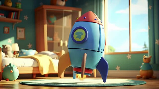 Cartoon toy rocket taking off in a child's bedroom, window light, whimsical