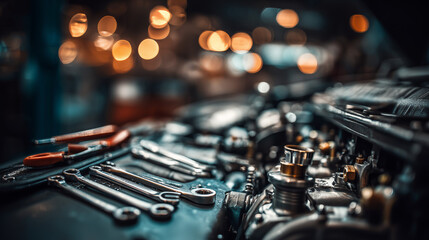 Automotive engine close-up with tools on workbench, precision and craftsmanship in focus