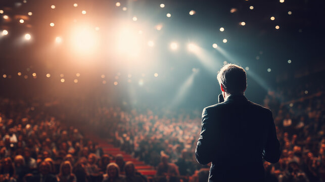 A presenter commands the stage, exuding confidence and expertise in a corporate setting.