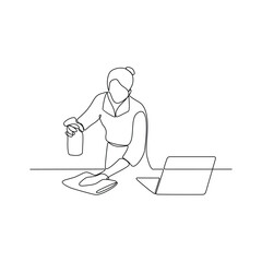 One continuous line drawing of a cleaning office activity vector illustration. Desk cleaning activity in simple linear style vector design concept. Suitable for your business purpose and design asset.
