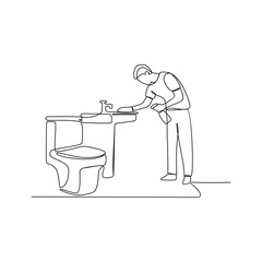 One continuous line drawing of a cleaning office activity vector illustration. Toilet cleaning activity in simple linear style vector design concept. Suitable for business purpose and design asset.