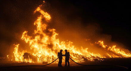 Silhouettes of Emergency Responders Against the Overwhelming Power of a Large Fire.