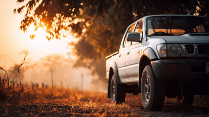 White pickup truck on a quiet rural road at dusk, bathed in golden light, evoking a serene countryside moment.
