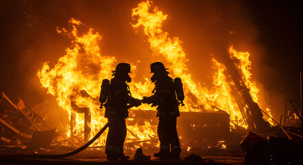 Silhouettes of Emergency Responders Against the Overwhelming Power of a Large Fire.