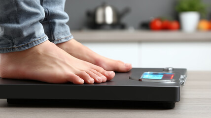 A Realistic Weight Monitoring scenario depicted by bare feet measuring body mass on a smart scale in the kitchen.