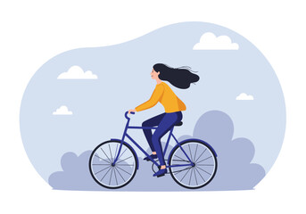 Woman with flowing hair riding a blue bicycle in a stylized illustration.