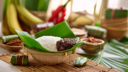 Malaysia Day: Steaming bowl of nasi lemak with pandan leaves, coconut rice surrounded by sambal and anchovies.