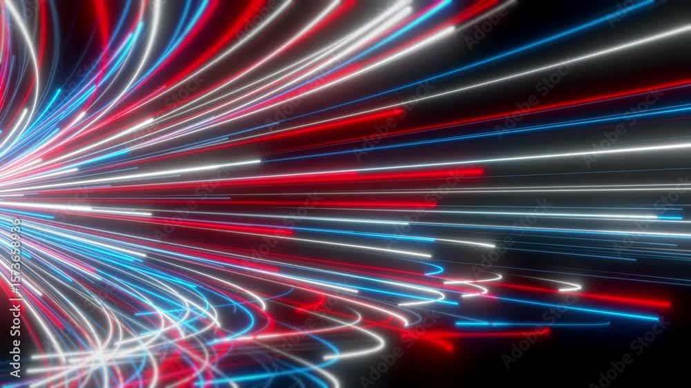 Wall mural abstract background with glowing particles and light lines. animation rotation of optical fiber wire
