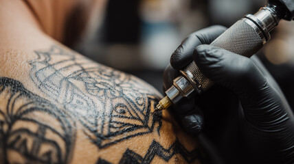 Fototapeta premium A Detailed Tattoo Artistry moment revealing a gloved artist skillfully inking intricate patterns onto skin. 
