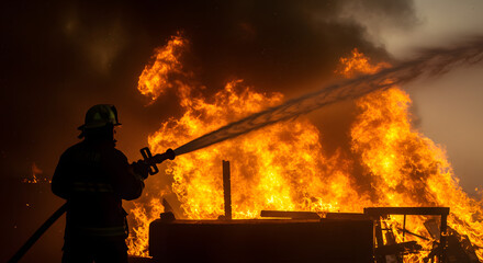 Firefighters Silhouetted Against Blazing Inferno : Heroic Figures Battling a Destructive and Dangerous Fire