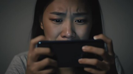 Distressed Young Woman with Tears Crying While Holding Mobile Phone Facing Disappointment and Frustration in Dimly Lit Room Focused On Screen - Powered by Adobe