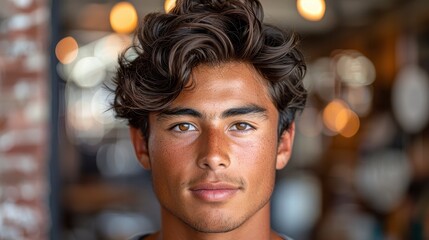 Obraz premium Young man with wavy brown hair and amber eyes looks at viewer, shallow depth of field