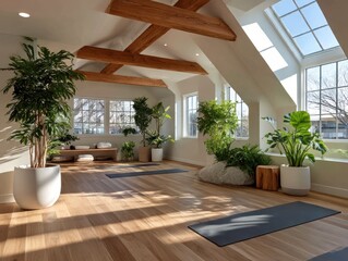 Light-filled yoga studio with wooden beams