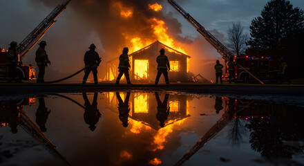The Heat of the Battle: Firefighters in Action, Their Determination Reflected in the Intense Flames Around Them.