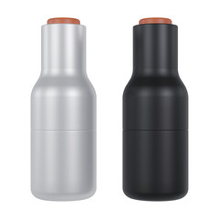 Modern Silver and Black Salt and Pepper Grinders with Wooden Tops Isolated on Transparent Background.