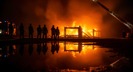 Courage in the Flames: Two Brave Firefighters Standing Firm Amidst a Massive and Intense Blaze.