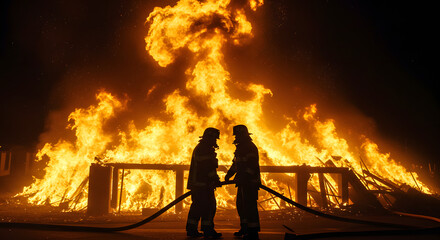 Firefighters Silhouetted Against Blazing Inferno: Heroic Figures Battling a Destructive and Dangerous Fire.