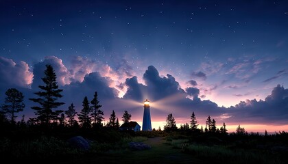 Lighthouse at twilight with a starry sky