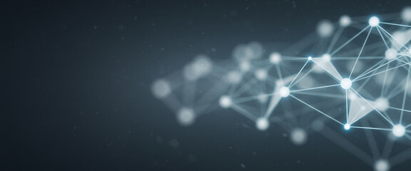 Abstract network of interconnected nodes and lines on a dark gray background, evoking tech infrastructure, neural mapping, or futuristic system communication design