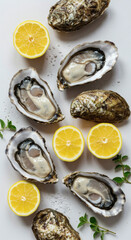 Exquisite Oyster Arrangement: A top-down perspective unveils a delectable presentation of fresh oysters, complemented by the bright acidity of sliced lemons, set to inspire any fine-dining experience.