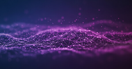 Abstract digital landscape with connected dots and lines in purple and blue, evoking global network structures, metaverse systems, or virtual tech environments