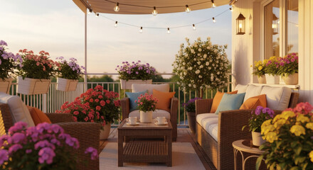 Fototapeta premium Sunset Veranda: Capturing the inviting ambiance of a sun-kissed veranda with blooming flowers and plush seating, this scene evokes a sense of tranquility and refined leisure.