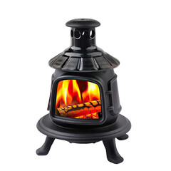 Small black stove with burning wood