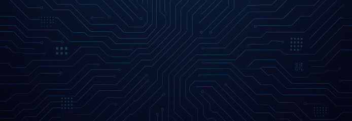 Abstract dark blue background with circuit board pattern and radial blur effect, capturing the sense of fast digital flow and immersive virtual interfaces