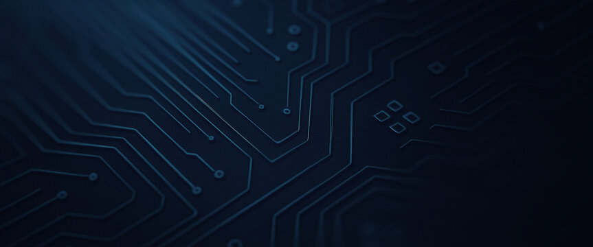 Abstract dark blue background with circuit board pattern technology concept, suitable for themes related to cybernetics, innovation systems, and futuristic design platforms