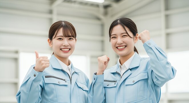笑顔でガッツポーズする二人の女性作業員