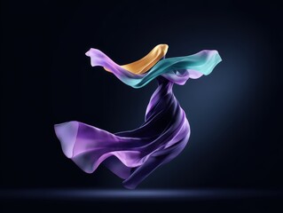 Abstract flowing fabric in vibrant purple, teal, and gold hues with dynamic movement and soft lighting against a dark background, artistic composition and design