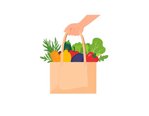 Hand Holding a Reusable Grocery Bag Filled with Fresh Vegetables.