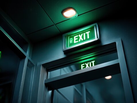Illuminated exit sign in dark corridor
