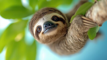 Close-up of three-toed sloth hanging from tree
