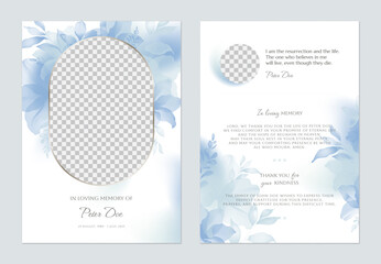 Floral memorial card template, featuring elegant translucent flowers and leaves in shades of blue on a solid white background