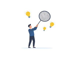Man Catching Ideas Cartoon Character with Net and Light Bulbs.