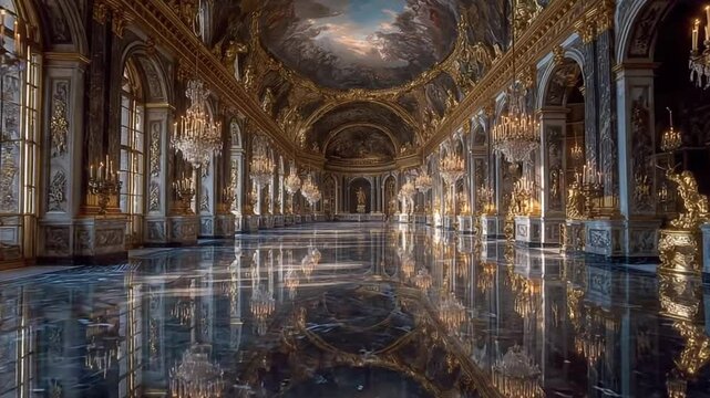 Magnificent Versailles Hall of Mirrors Interior with Reflective Marble Floor and Golden Details